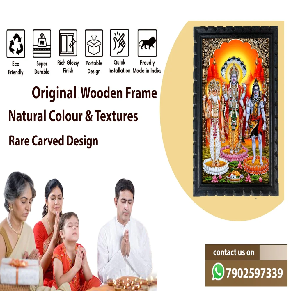 Hindu Trinity Framed Wall Art, Lords Brahma Vishnu,Shiva, Premium Wooden Frame, 33 cm x 50.8 cm, Digital Print with Glass