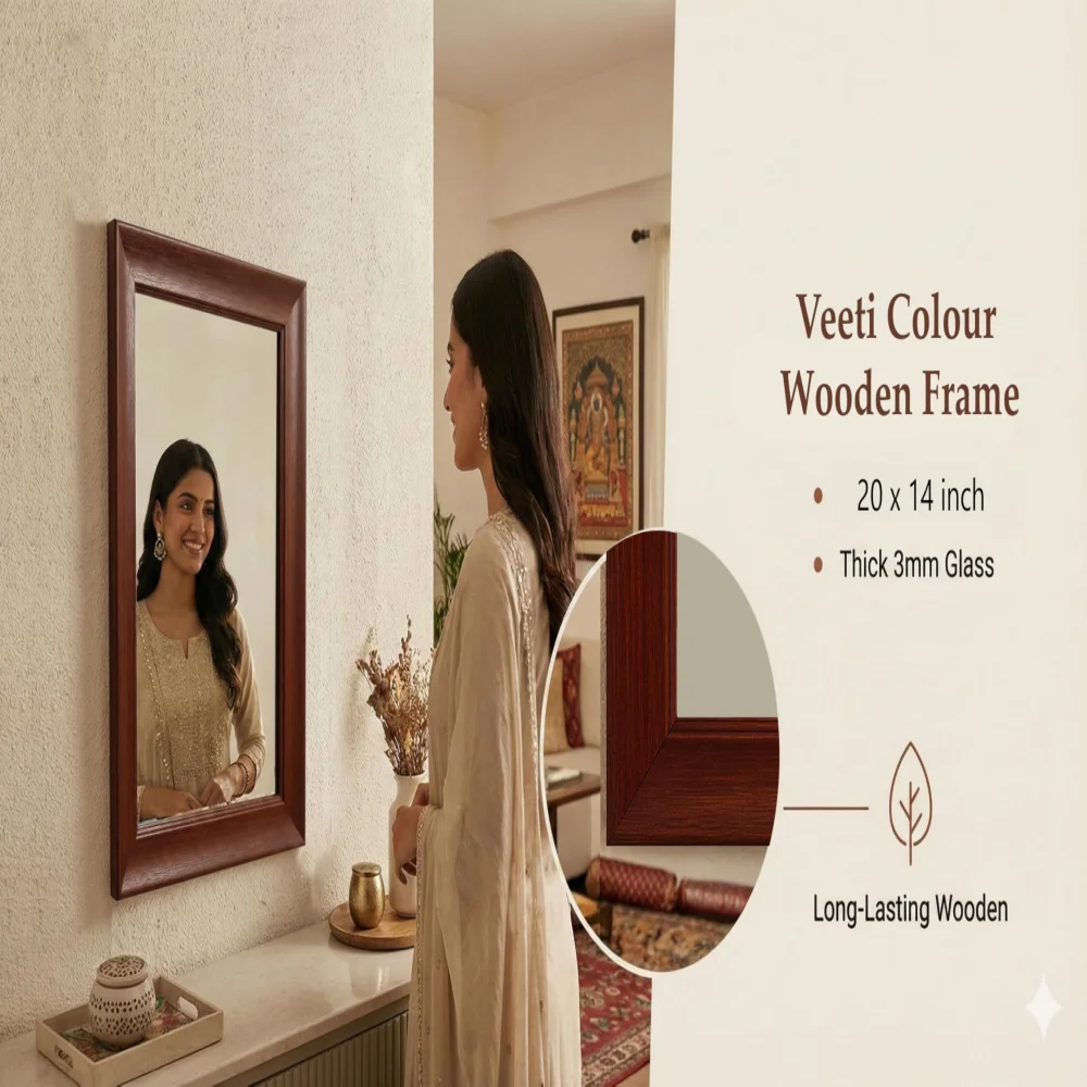 EMPEROR ART GALLERY®, Veeti Colour Premium Wall Mirror with Wooden Frame, 20 x 14 Inch, Rich Polished Veeti Colour Finish, 3mm Glass Thickness, Living Room Bed Room Decor