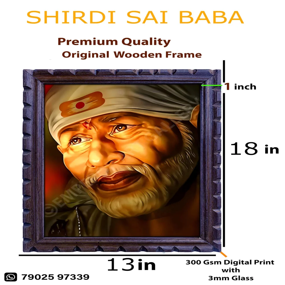 EMPEROR ART GALLERY Shirdi Sai Baba Premium Wooden Photo Frame, 33 cm x 46 cm, Black Carved Design with 3mm Glass