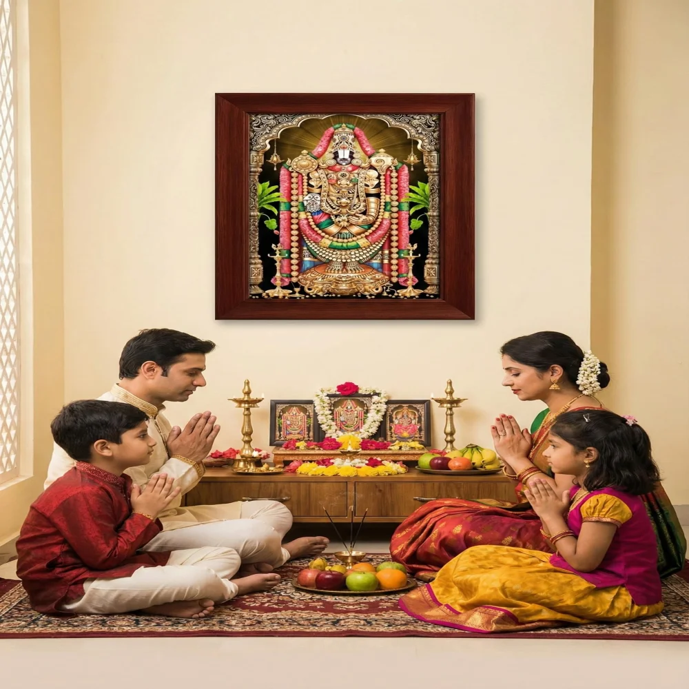 EMPEROR ART GALLERY®,Lord Venkateswara Swamy Divine Wall Art, Premium Wooden Frame with Film Laminated Digital Photo, Traditional Temple Design, 23x17 Inches