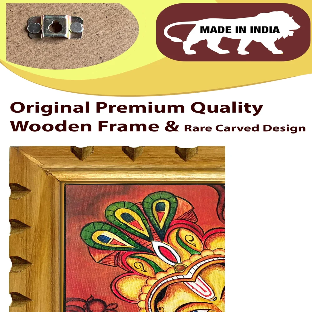 EMPEROR ART GALLERY®, Lord Krishna Mural Painting, Premium Wooden Frame with Carved Design, 18x14 Inch Digital Print, Film Laminated, Traditional Indian Wall Art