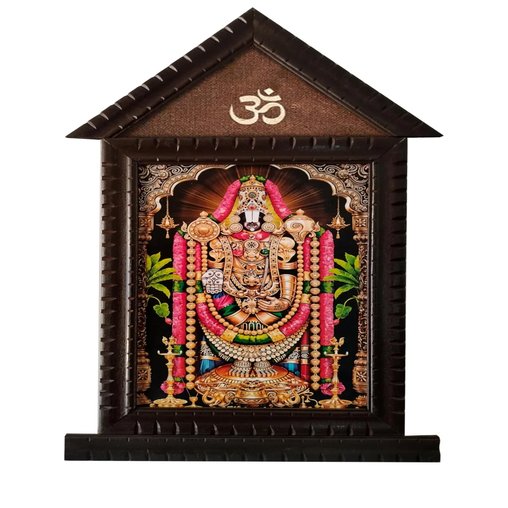 EMPEROR ART GALLERY®,Lord Venkateswara Swamy Religious Photo Frame with Premium Carved Wooden Design, Om Symbol, Temple Style, 33.4 x 19.4 Inch