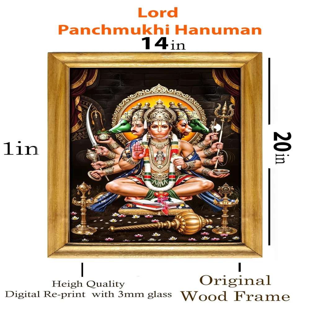 EMPEROR ART GALLERY®,Lord Hanuman Religious Wall Art, Premium Wooden Frame, 20 x 14 in, Laminated Digital re-Print