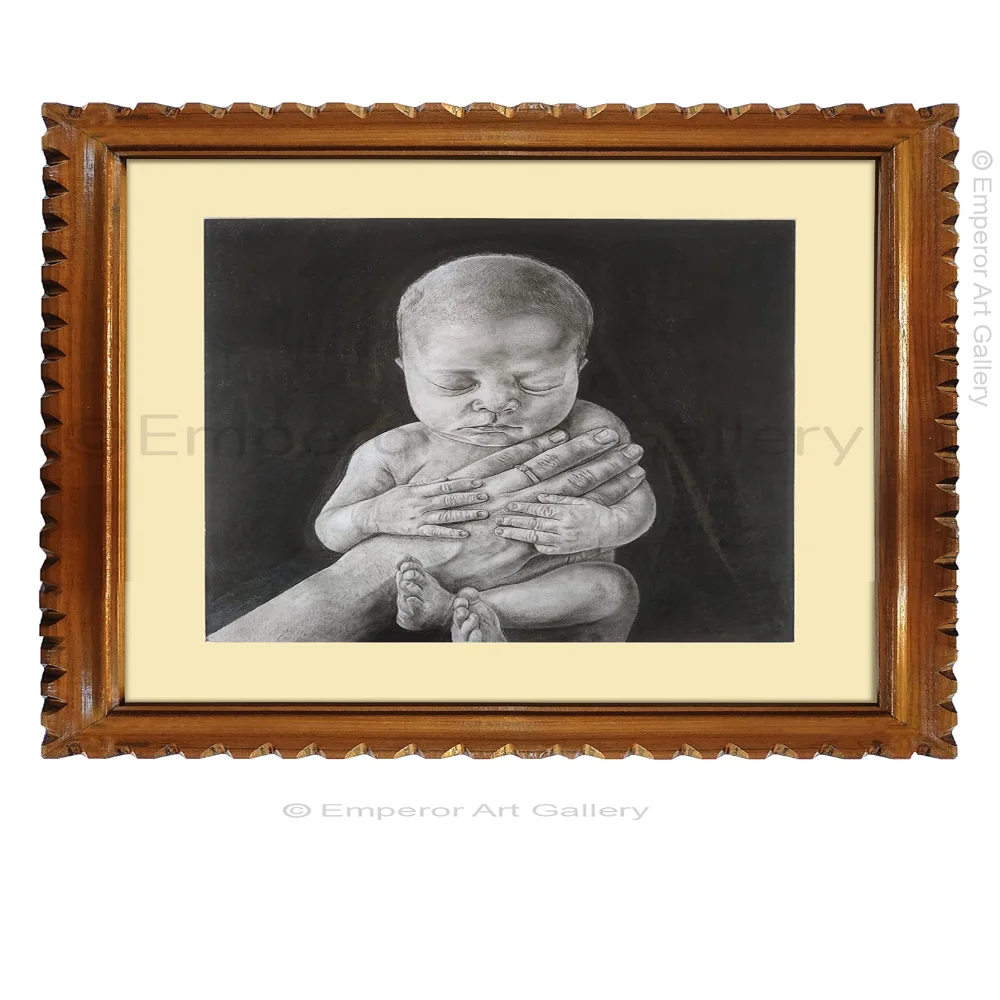 EMPEROR ART GALLERY, Original Handmade Pencil Drawing With Teak Wood Frame For Wall(19x19.3) In