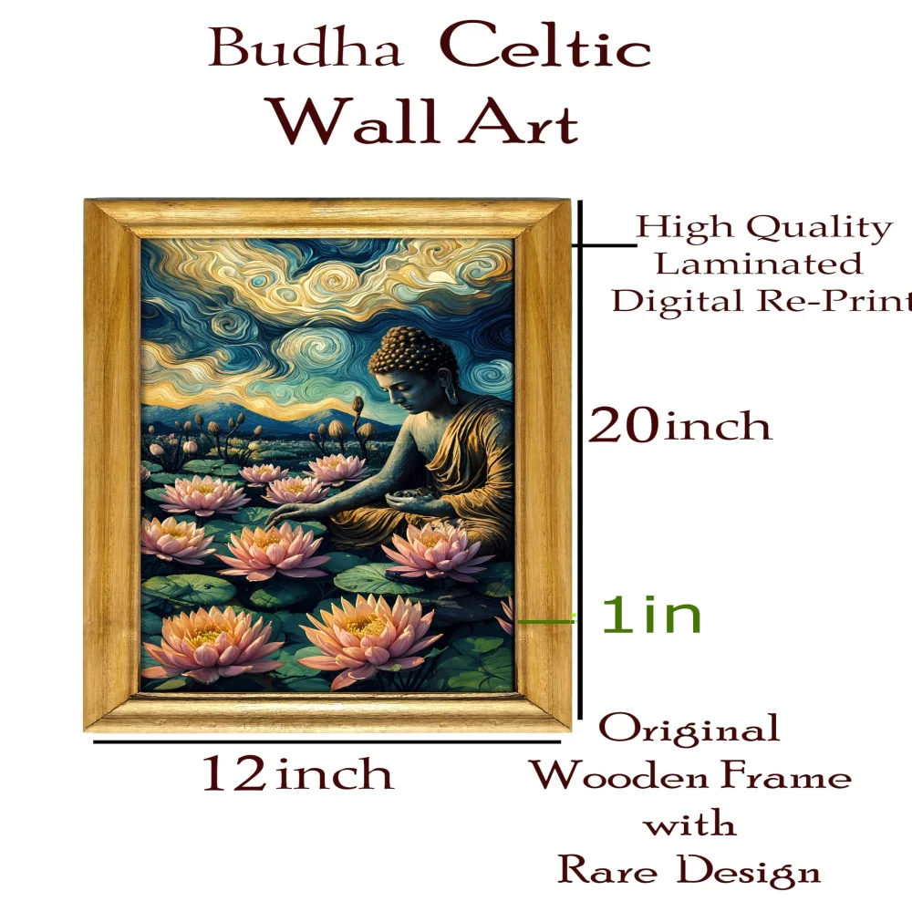 Celtic Buddha Wall Art with Lotus Design, 30.5 cm x 51 cm, natural colour Wooden Frame, Laminated Digital Print