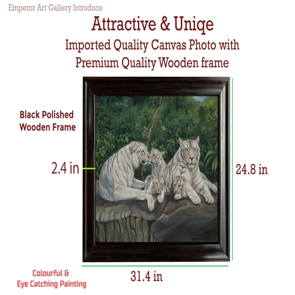 EMPEROR ART GALLERY®,White Tiger Family Canvas Wall Art with Black Wooden Frame, 28.4 x 24.8 inches, Premium Painting Digital Print