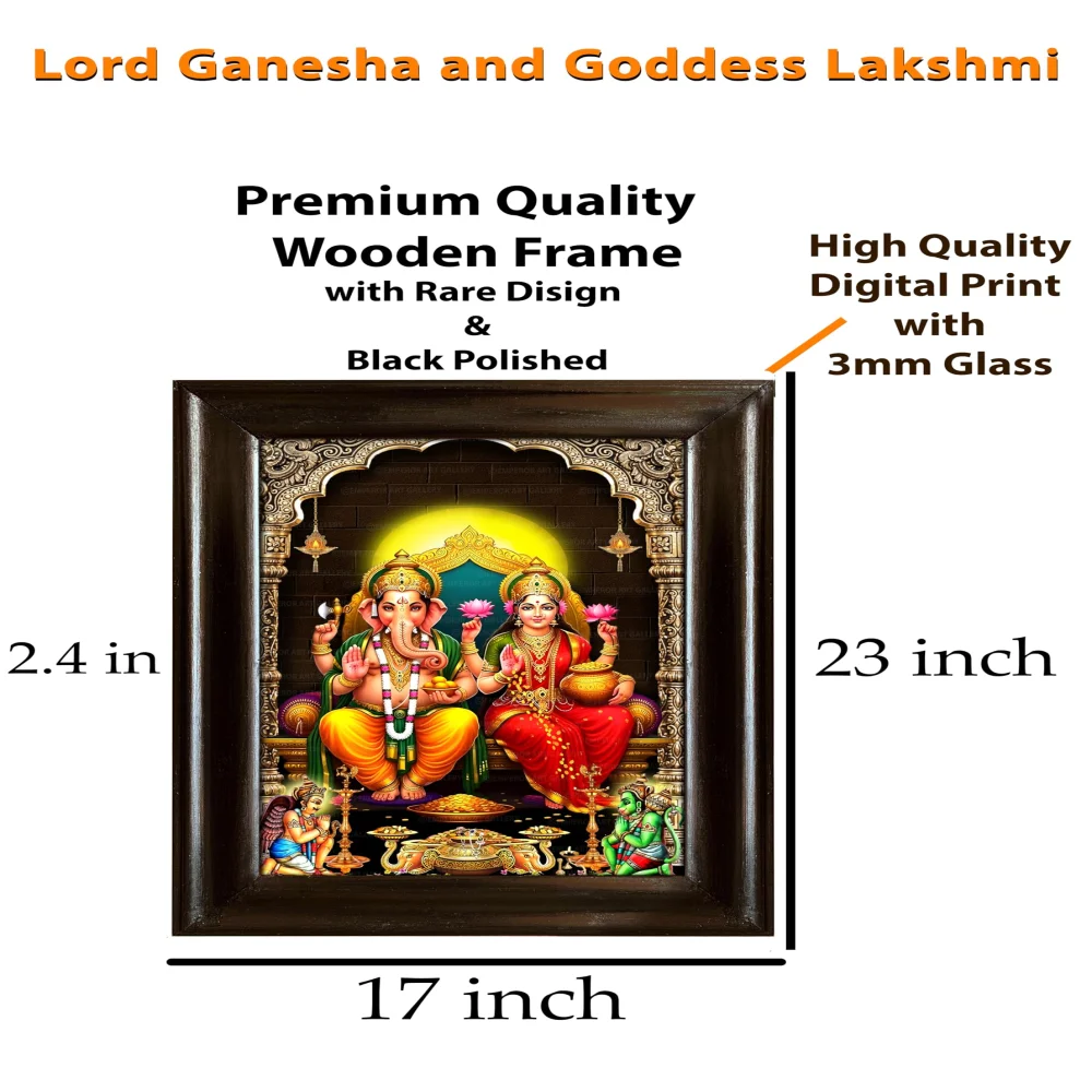 EMPEROR ART GALLERY®,Lord Ganesha and Goddess Lakshmi Wall Frame, Premium Black Polished Wooden Frame, 43.2 x 58.4 cm with 3mm Glass