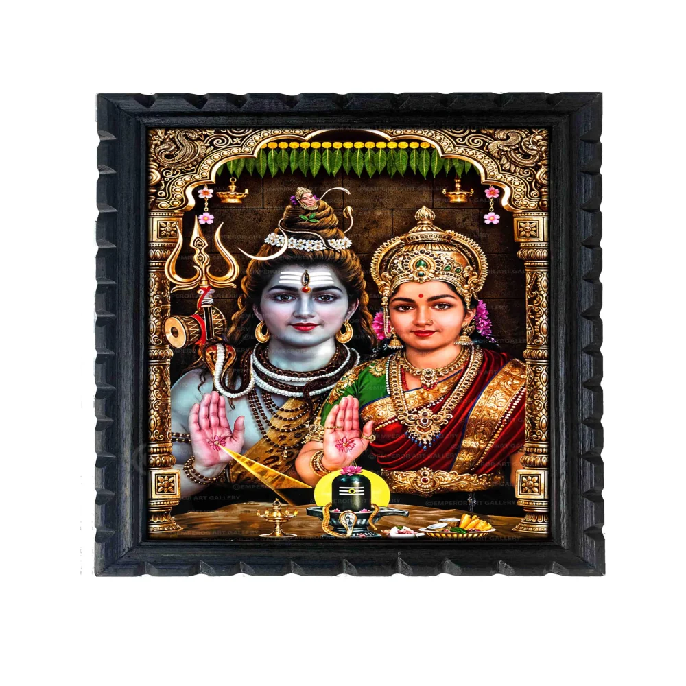 EMPEROR ART GALLERY®, Shiva Parvati Religious Wall Art, Premium Wooden Frame with Carved Design