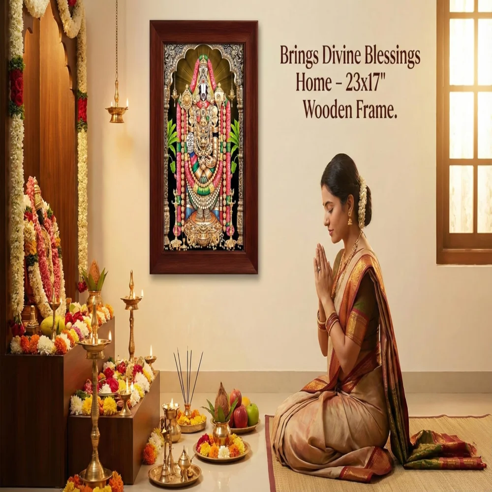 EMPEROR ART GALLERY®,Lord Venkateswara Swamy Divine Wall Art, Premium Wooden Frame with Film Laminated Digital Photo, Traditional Temple Design, 23x17 Inches