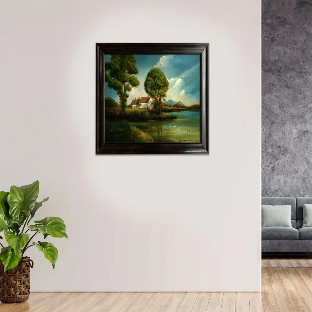 EMPEROR ART GALLERY®,Landscape Canvas Wall Art with Wooden Frame, 31.4 x 24.8 inches, Lake House Scene