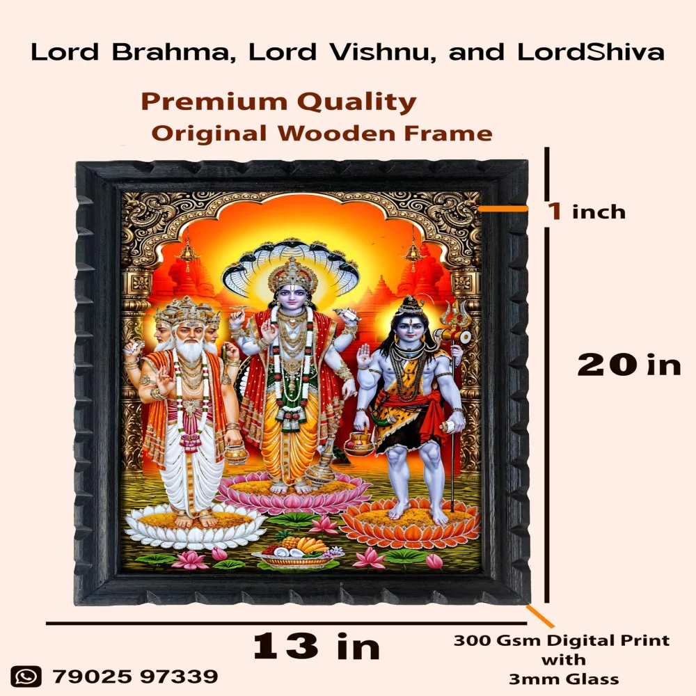 Hindu Trinity Framed Wall Art, Lords Brahma Vishnu,Shiva, Premium Wooden Frame, 33 cm x 50.8 cm, Digital Print with Glass