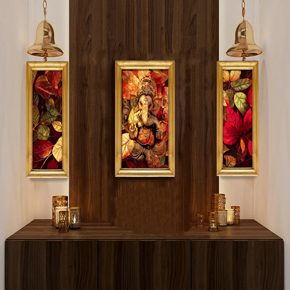 Lord Ganesh Modern Art Set, 3 Wooden Framed with Prints,Natural Colour(10 inch x 14.6 inch), side panels measure (7 inch x 14.6 inch)
