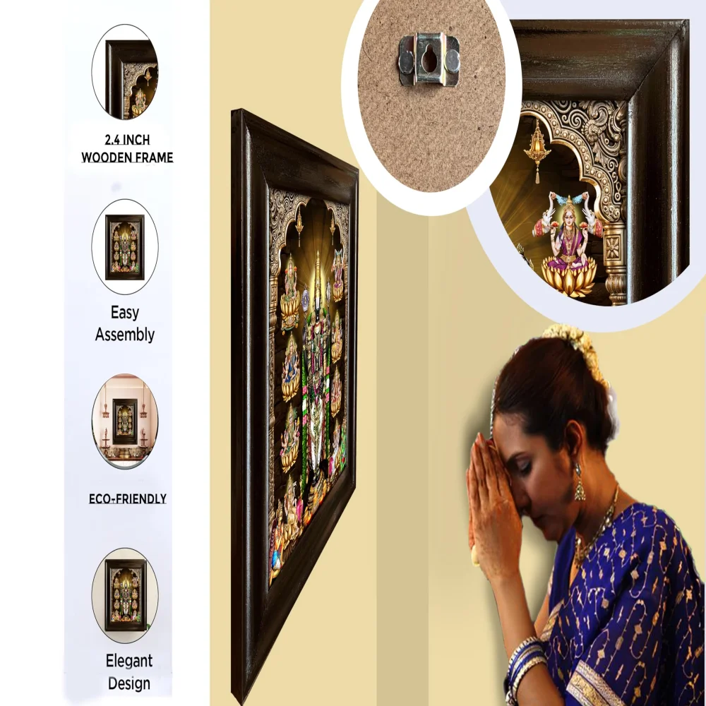 EMPEROR ART GALLERY®,Venkateshwara with Ashtalakshmi Religious Photo Frame, Premium Black Polished Wood, 43.18 x 50.8 cm, Digital Print with 3mm Glass