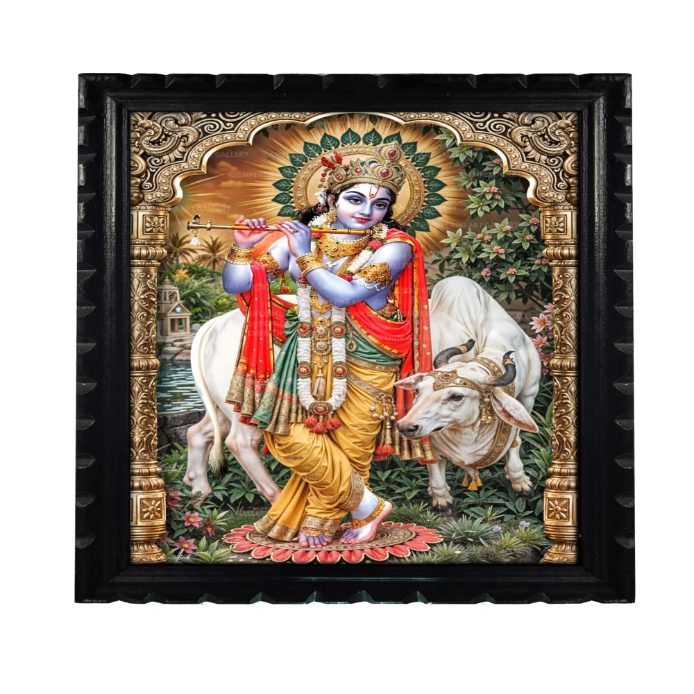 EMPEROR ART GALLERY®,Lord Krishna Religious Wall Frame, Premium Laminated Digital Print, Original Wood Frame, 34.3 x 48.3 cm
