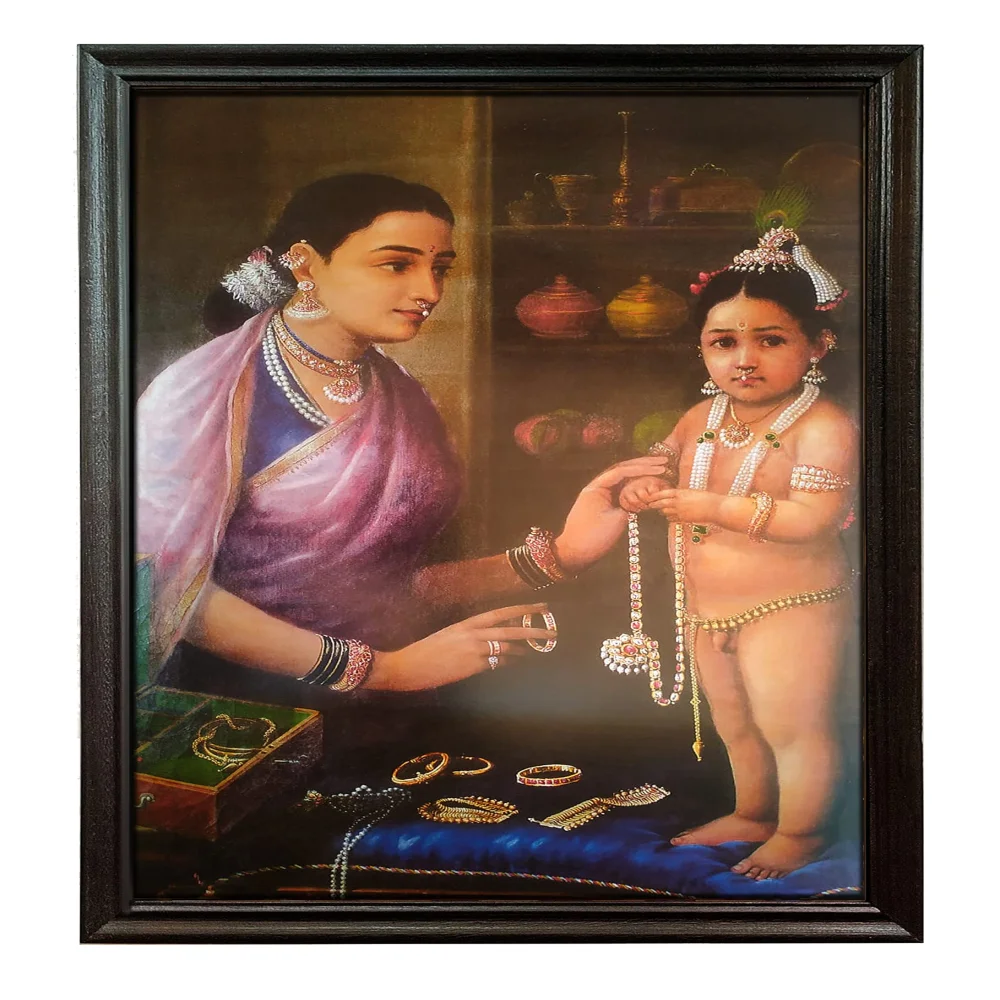 Mperor, ''Yesodha Adorning Krishna'' Laminated Digital Re-Print with Wood Frame(30x20) in Black