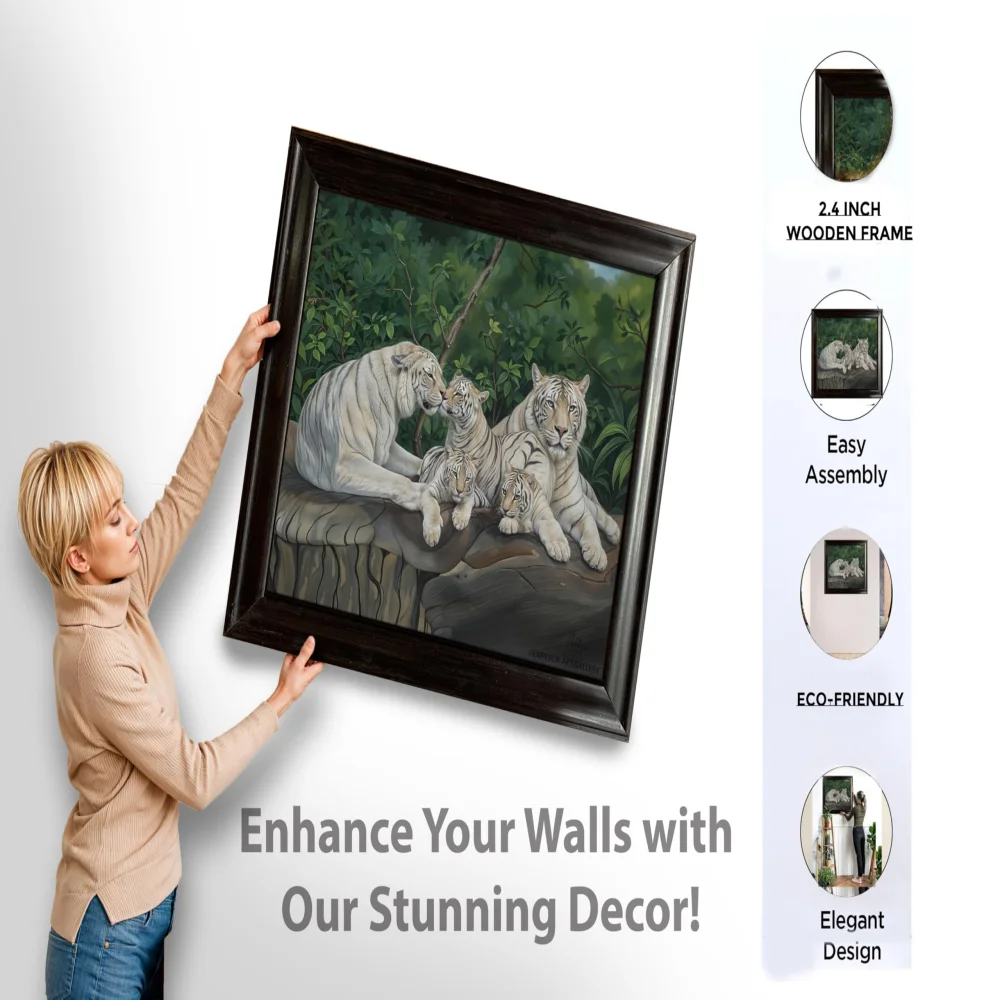 EMPEROR ART GALLERY®,White Tiger Family Canvas Wall Art with Black Wooden Frame, 28.4 x 24.8 inches, Premium Painting Digital Print