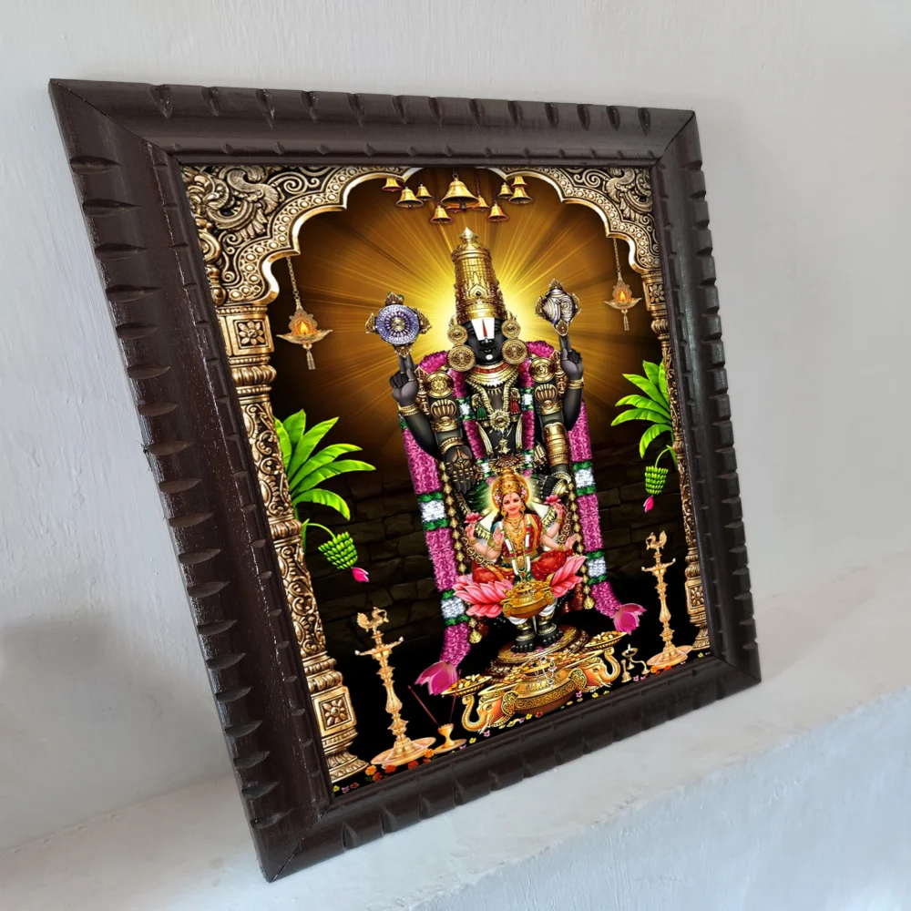 EMPEROR ART GALLERY®,Lord Venkateswara Swamy with Lakshmi Religious Photo Frame, Premium Carved Wooden Frame, Film Laminated Digital Print, 17x23 Inches