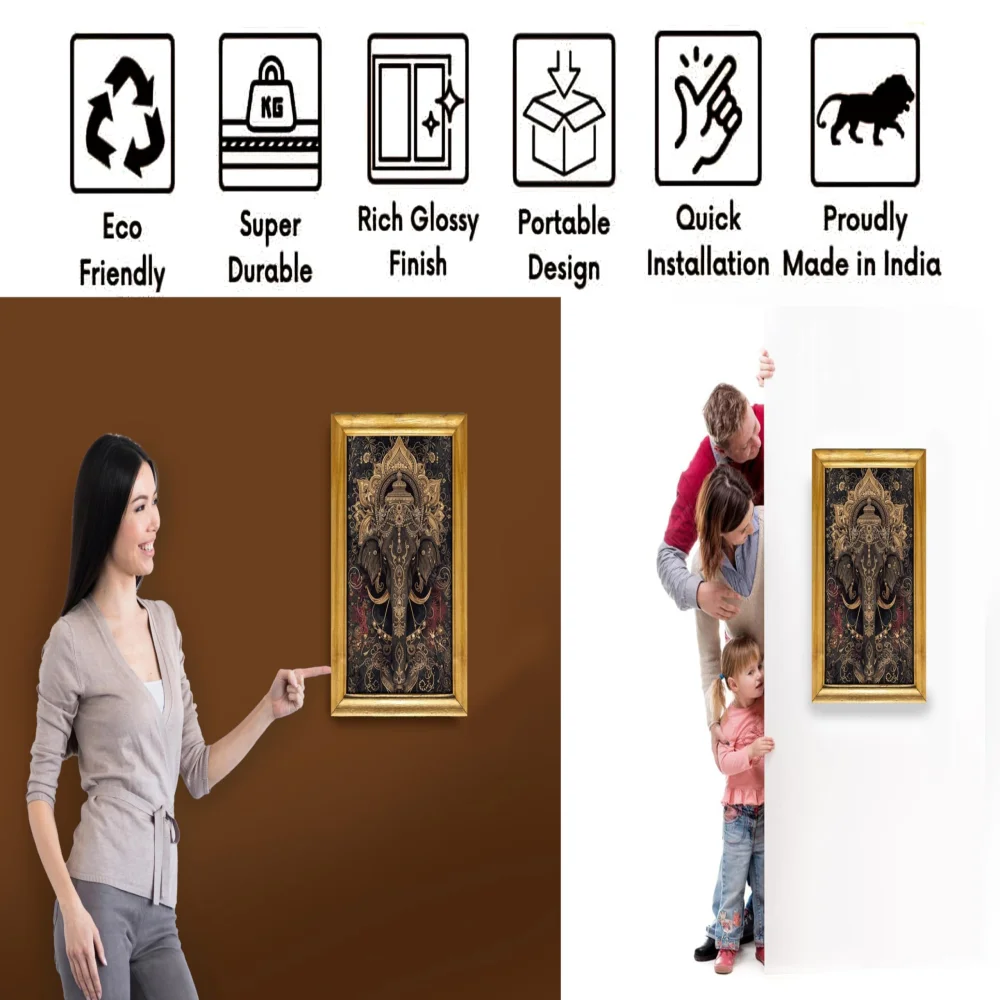 Celtic Elephant Wall Art, 28 x 48 cm, Laminated Digital Print, Wooden Frame, Natural colour