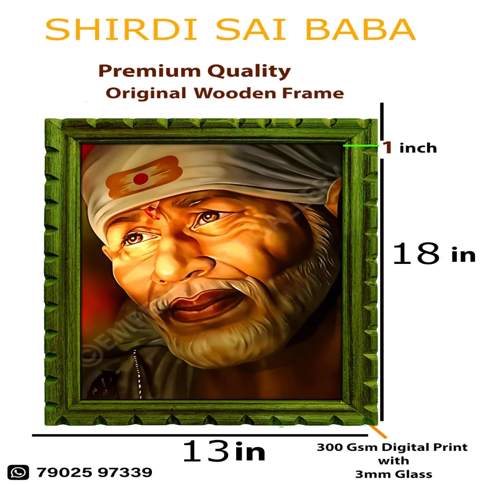 EMPEROR ART GALLERY Shirdi Sai Baba Premium Wooden Photo Frame, 33 cm x 46 cm, Black Carved Design with 3mm Glass