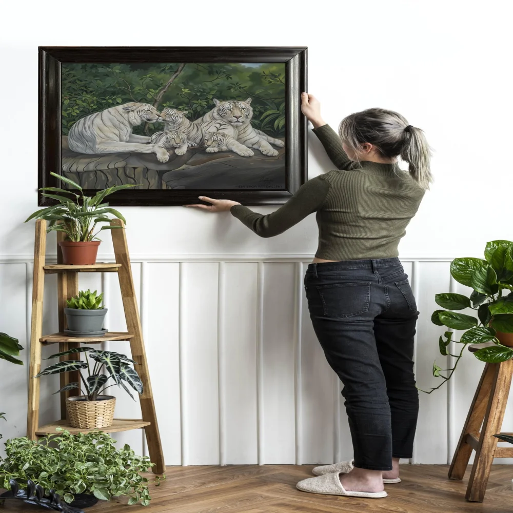 EMPEROR ART GALLERY®,White Tiger Family Canvas Wall Art with Black Wooden Frame, 28.4 x 24.8 inches, Premium Painting Digital Print