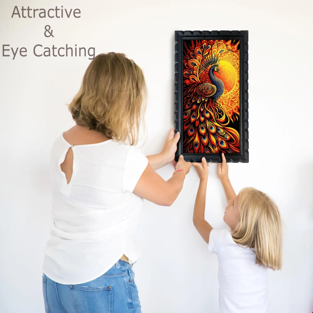 Celtic Peacock Wall Art, 28 x 51 cm, Laminated Digital Print, Black Carved Wooden Frame,for Wall