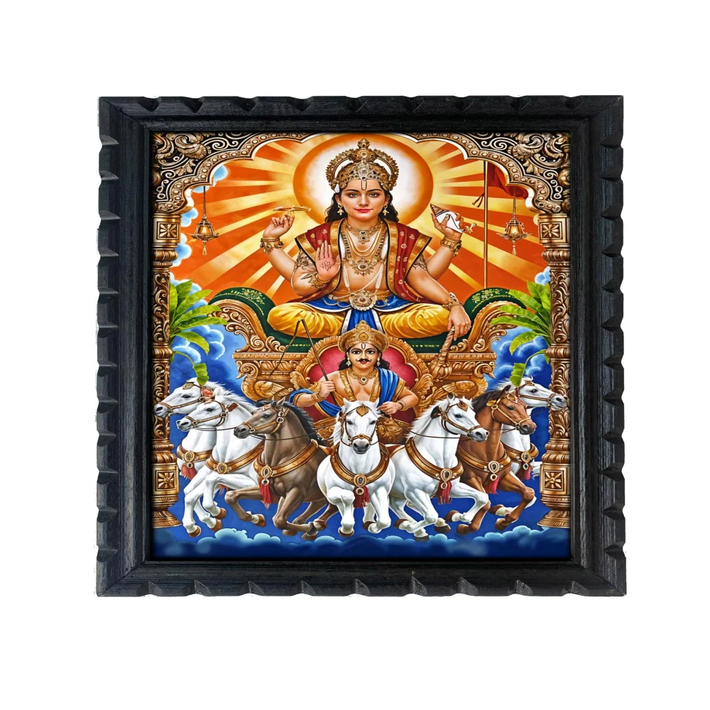 EMPEROR ART GALLERY®, Lord Surya Bhagwan Wooden Frame, 34.5 x 22.8 cm, Black Polished, Digital Print, Matte Laminated