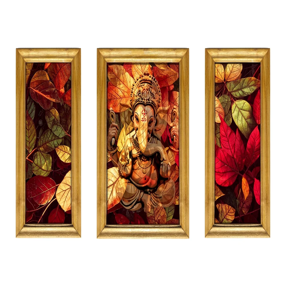 Lord Ganesh Modern Art Set, 3 Wooden Framed with Prints,Natural Colour(10 inch x 14.6 inch), side panels measure (7 inch x 14.6 inch)