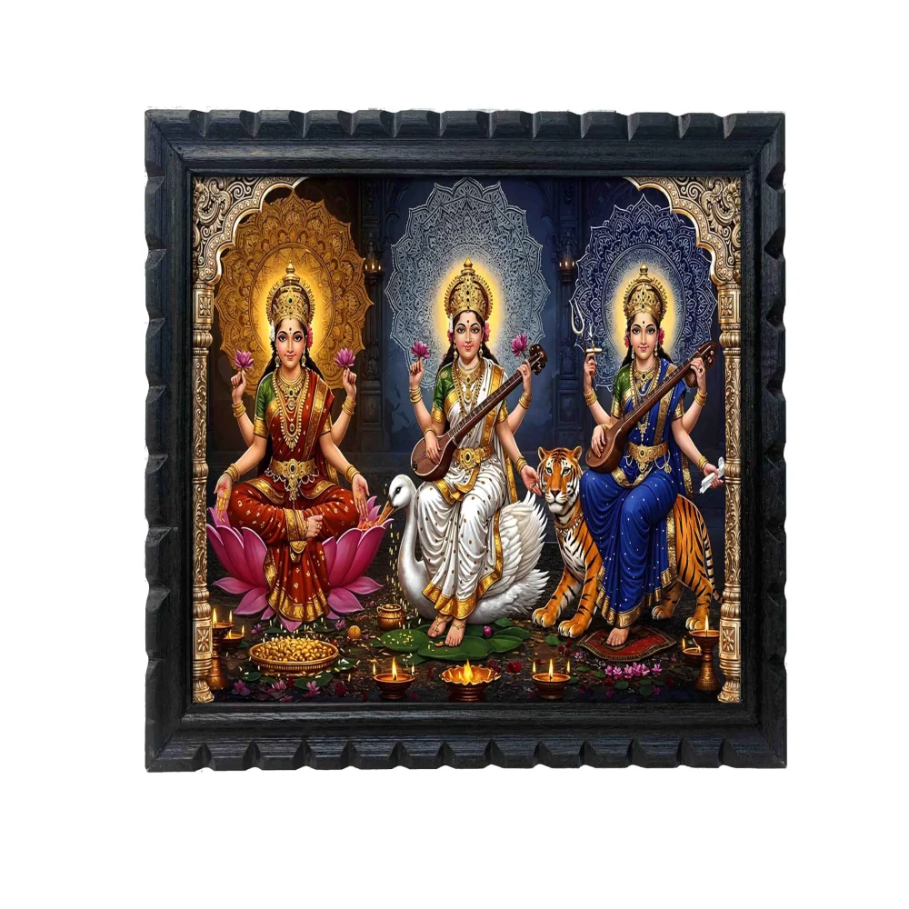 EMPEROR ART GALLERY®, Wooden Frame with Lakshmi, Saraswati and Durga Digital Print, 50.8 x 34.5 cm, Black Frame