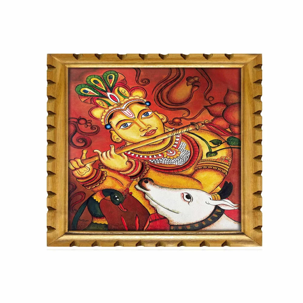 EMPEROR ART GALLERY®, Lord Krishna Mural Painting, Premium Wooden Frame with Carved Design, 18x14 Inch Digital Print, Film Laminated, Traditional Indian Wall Art