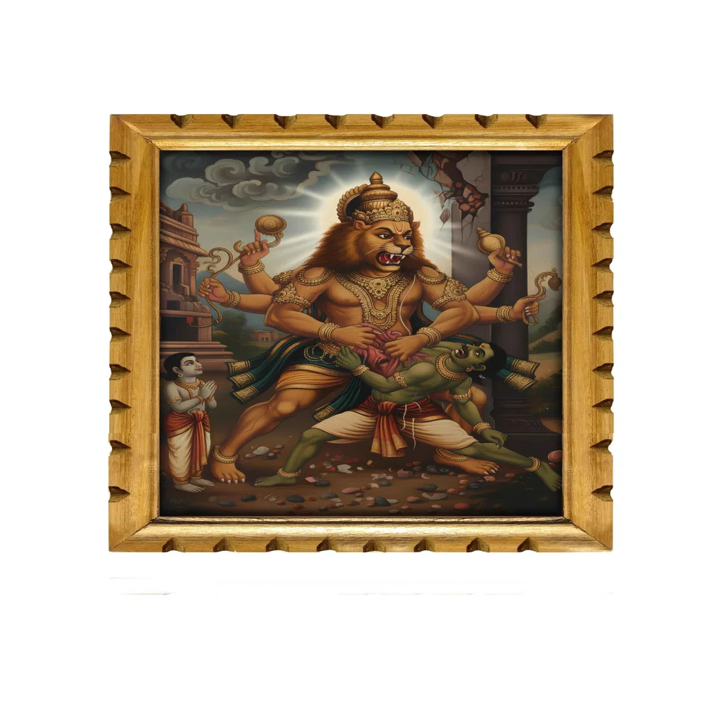 EMPEROR ART GALLERY®,Traditional Hindu Wall Decor Lord Narasimha Swamy Digital Print, Wooden Frame with Gold Finish, 14 x 17 inch, Film Laminated Religious Art