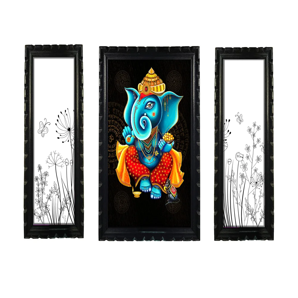 Mperor Lord Ganesh Digital Reprint With Wood Frame Combo Sale(16 x 10.8, 16x 6, 16x6) inch (Black)