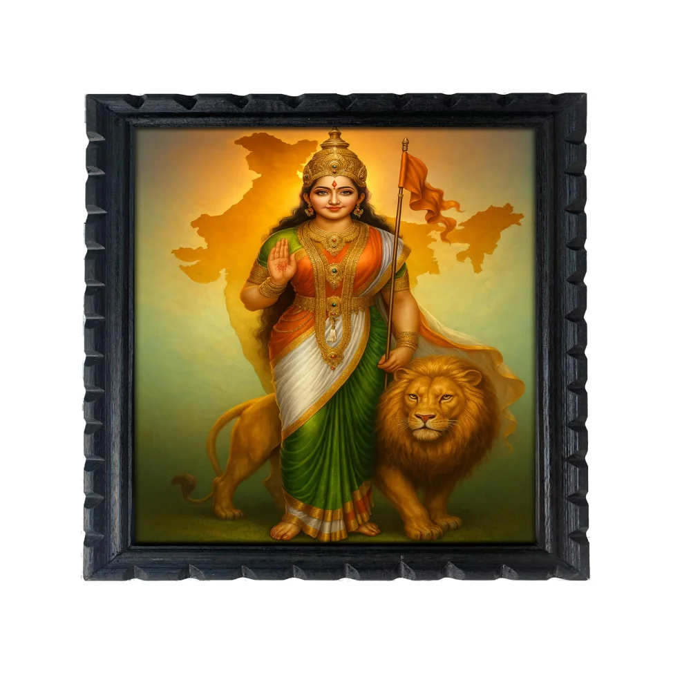EMPEROR ART GALLERY®,Bharat Mata Wooden Photo Frame, 14x20 inch, Rare Carved Design, Film Laminated Digital Print