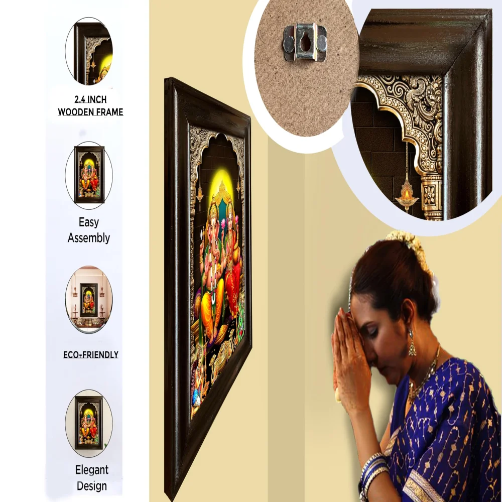 EMPEROR ART GALLERY®,Lord Ganesha and Goddess Lakshmi Wall Frame, Premium Black Polished Wooden Frame, 43.2 x 58.4 cm with 3mm Glass