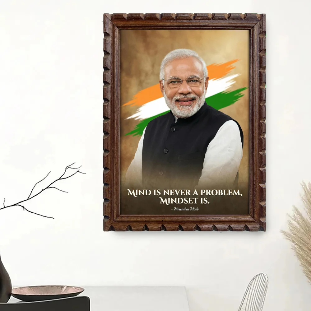 EMPEROR ART GALLERY®,Motivational Quotes Premium Wooden Frame with Rare Carved Disign, PM Narendra Modi Portrait, Laminated Digital Print, 20x13 Inch Wall Art, Rich Matte Finish, Made in India