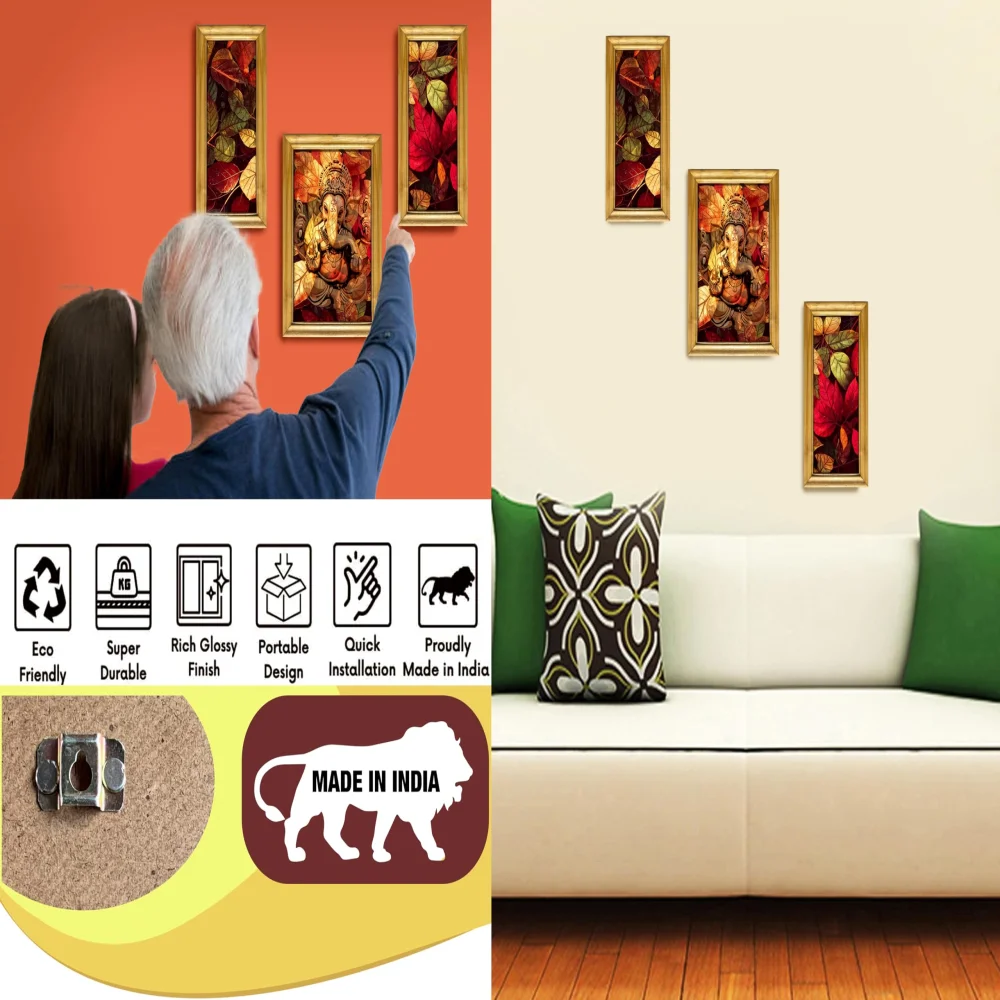 Lord Ganesh Modern Art Set, 3 Wooden Framed with Prints,Natural Colour(10 inch x 14.6 inch), side panels measure (7 inch x 14.6 inch)