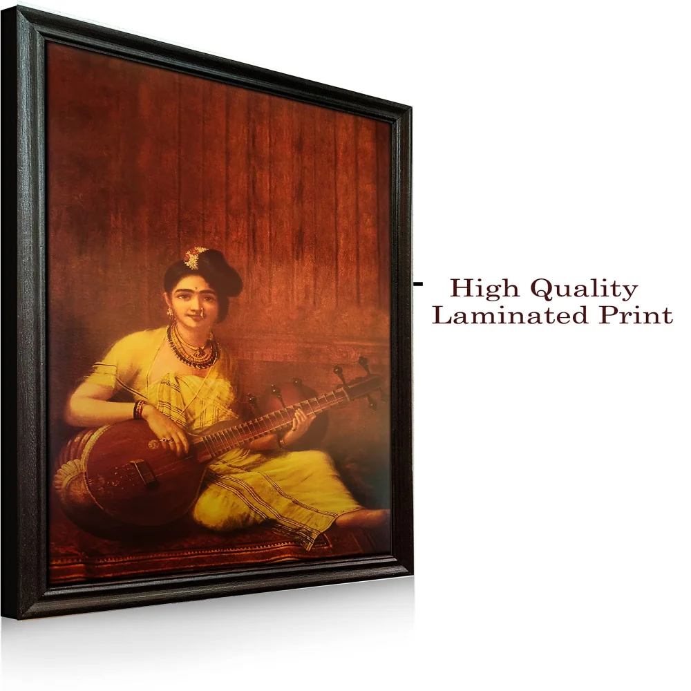 Mperor, ''Lady Playing The Veena'' Laminated Digital Re-Print With Wood Frame(28x18) in