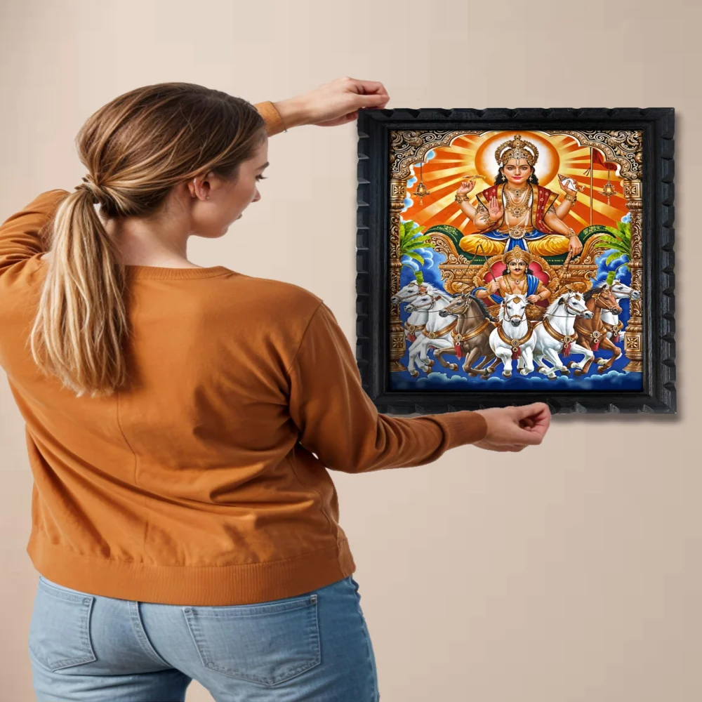 EMPEROR ART GALLERY®, Lord Surya Bhagwan Wooden Frame, 34.5 x 22.8 cm, Black Polished, Digital Print, Matte Laminated