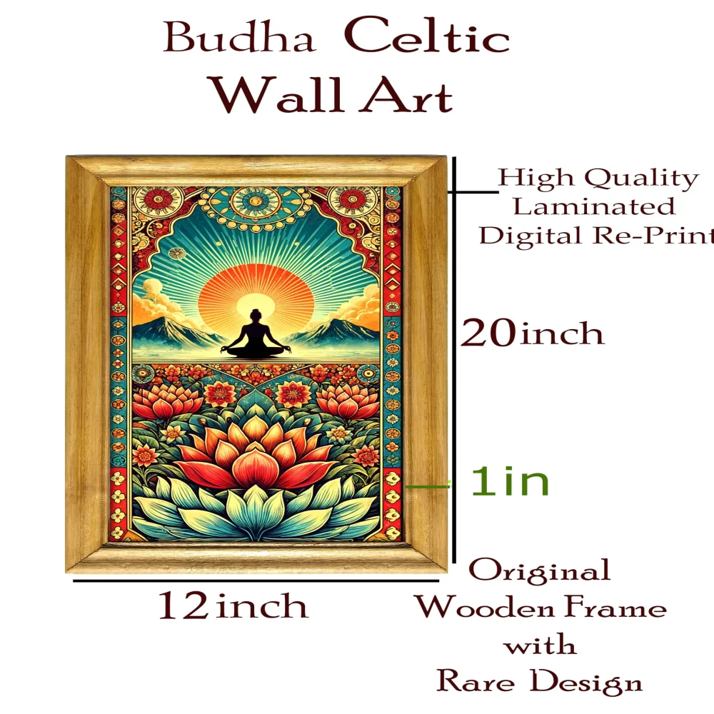 Buddha Celtic Wall Art, 30.5 cm x 51 cm, Laminated Digital Print, Natural ColourWooden Frame with Lotus Design