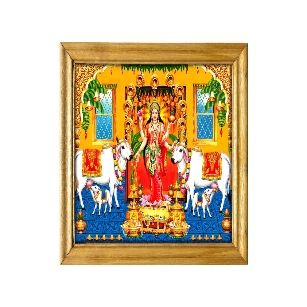 Lakshmi Devi Religious Wall Art, Digital Print with 3mm Glass,Natural Colour Wooden Frame, 44.7 x 37.1 cm