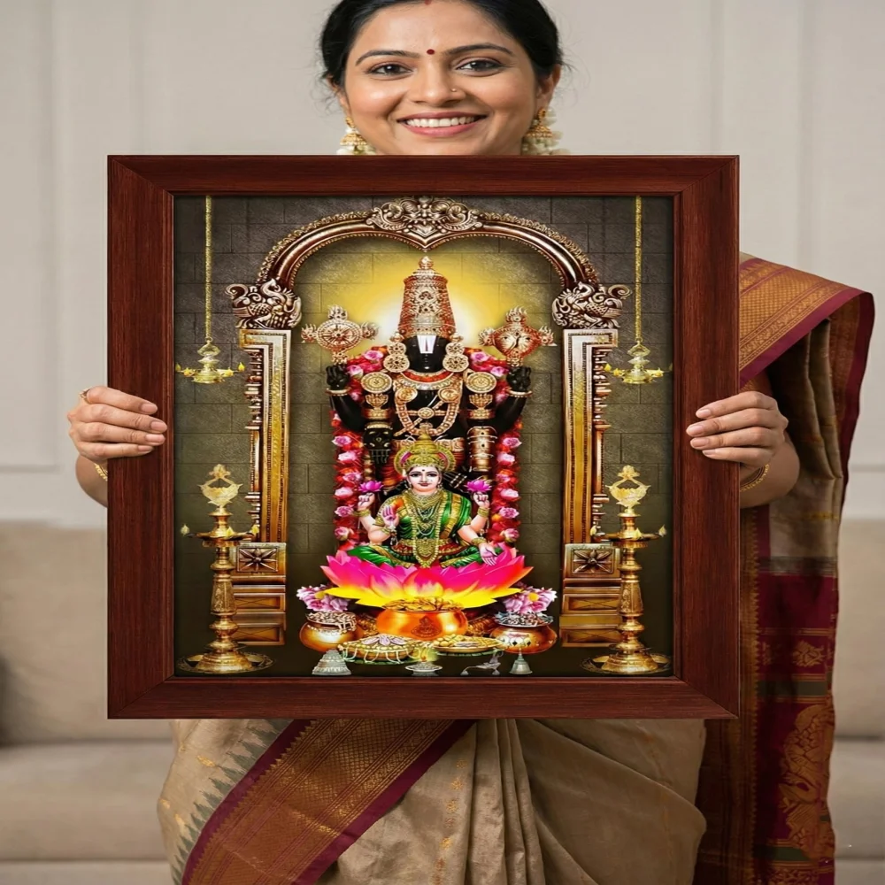 EMPEROR ART GALLERY®,Lord Venkateswara Premium Religious Photo Frame with Wooden Border, Film Laminated Digital Print, 21.8 x 16.6 inch, Temple Design