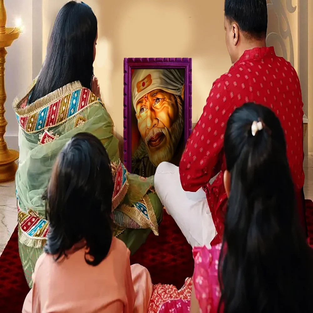 EMPEROR ART GALLERY Shirdi Sai Baba Premium Wooden Photo Frame, 33 cm x 46 cm, Black Carved Design with 3mm Glass