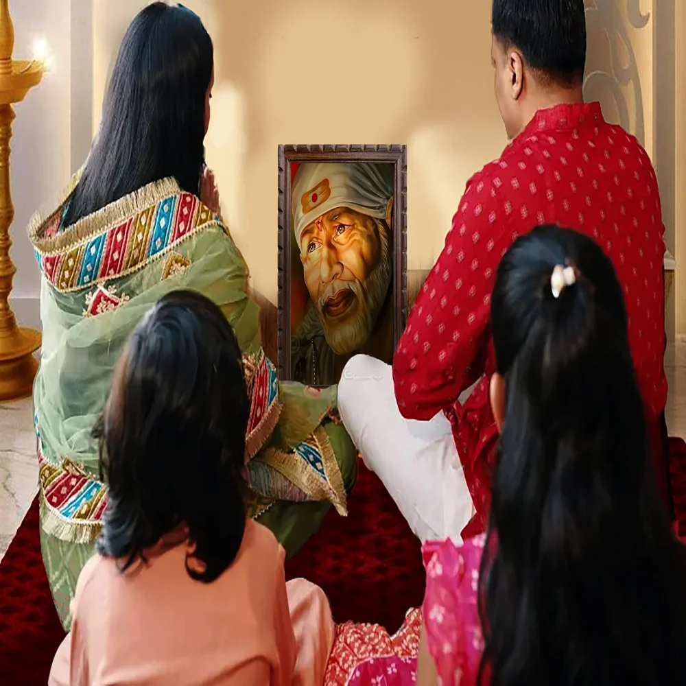 EMPEROR ART GALLERY Shirdi Sai Baba Premium Wooden Photo Frame, 33 cm x 46 cm, Black Carved Design with 3mm Glass