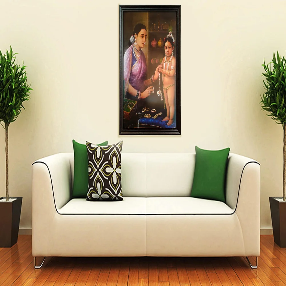 Mperor, ''Yesodha Adorning Krishna'' Laminated Digital Re-Print with Wood Frame(30x20) in Black