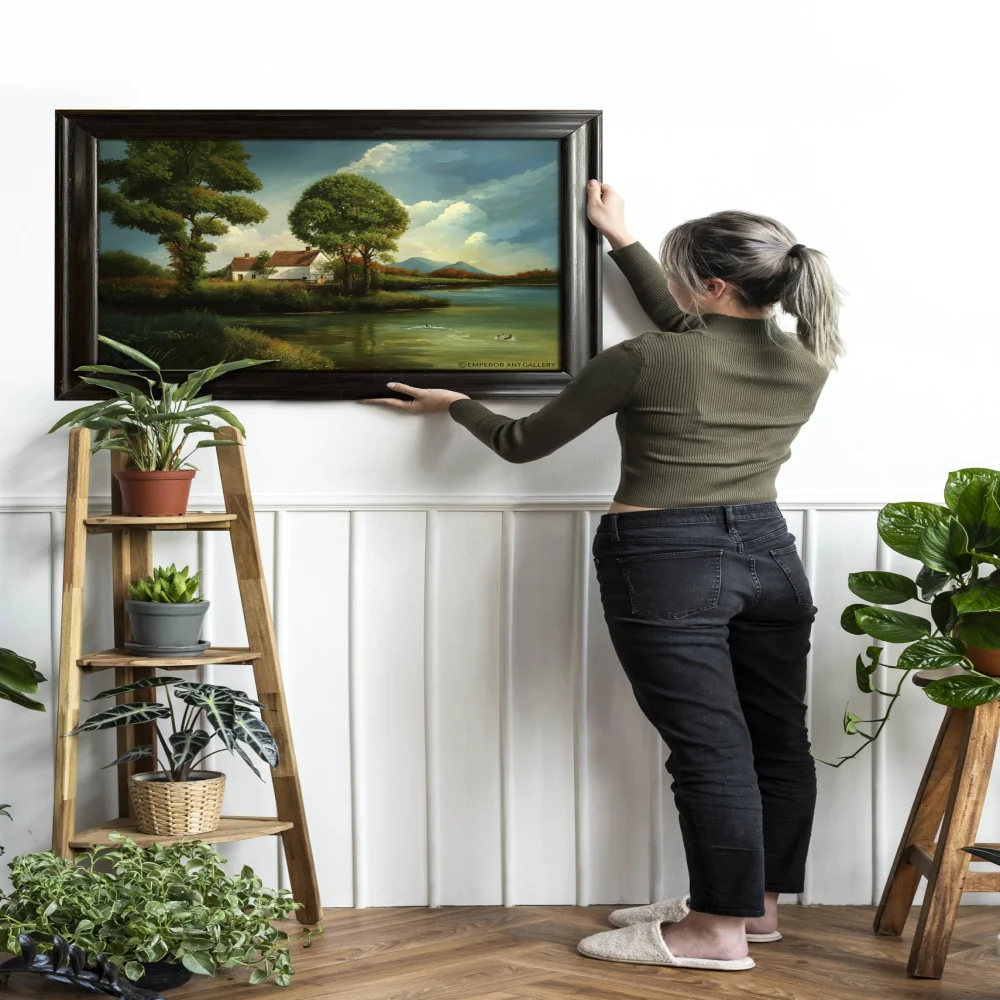 EMPEROR ART GALLERY®,Landscape Canvas Wall Art with Wooden Frame, 31.4 x 24.8 inches, Lake House Scene