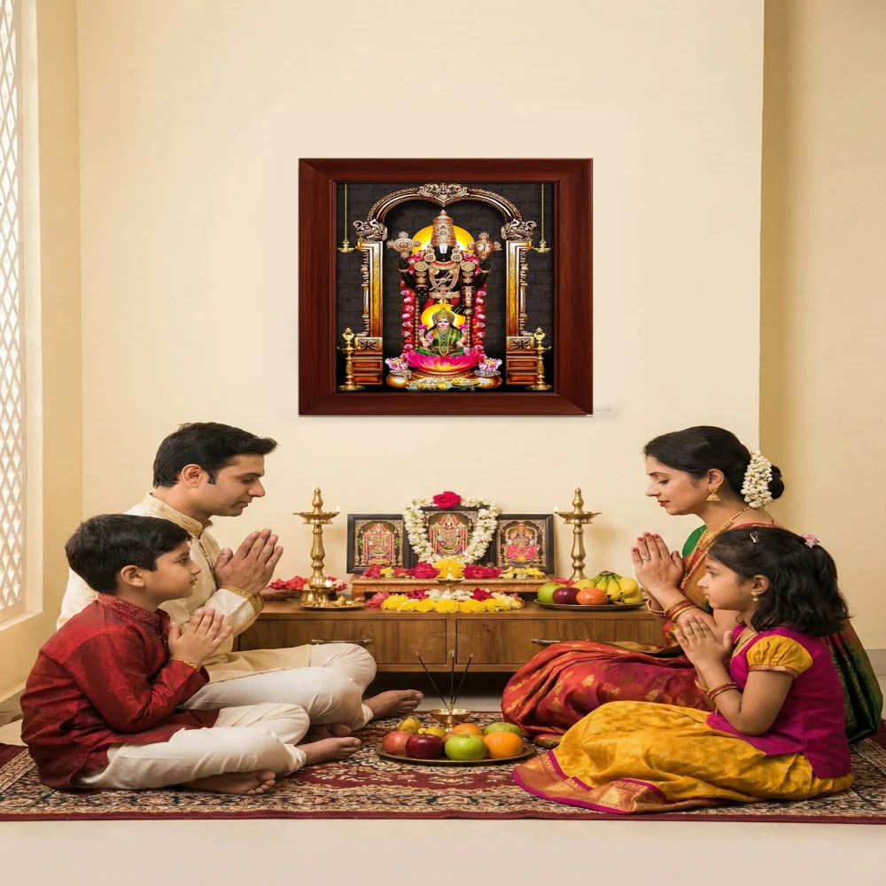 EMPEROR ART GALLERY Lord Venkateswara Swamy Divine Photo Frame, Premium Wooden Frame with Film Laminated Print, 16.6 x 21.8 inches, Religious Wall Decor