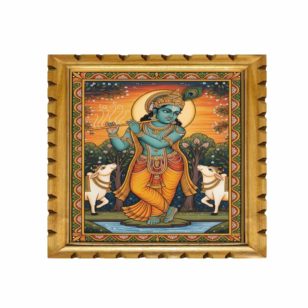 Lord Krishna Mural Painting with Premium Wooden Frame, Traditional Indian Art, 19x14 Inch, Film Laminated Digital Print, Carved Design
