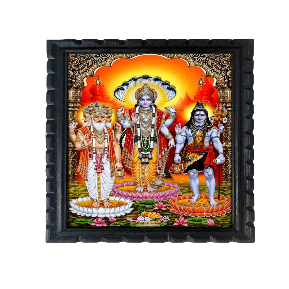 Hindu Trinity Framed Wall Art, Lords Brahma Vishnu,Shiva, Premium Wooden Frame, 33 cm x 50.8 cm, Digital Print with Glass