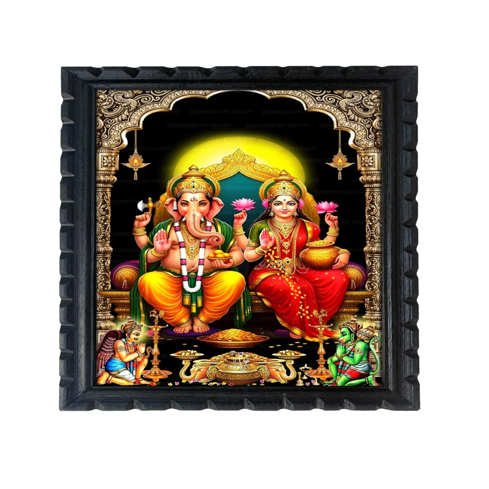 EMPEROR ART GALLERY®,Lord Ganesha and Goddess Lakshmi Wooden Frame Photo, Film Glitter Laminated Digital Print, 34.5 x 50.8 cm, Black Carved Design