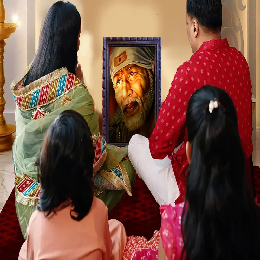 EMPEROR ART GALLERY Shirdi Sai Baba Premium Wooden Photo Frame, 33 cm x 46 cm, Black Carved Design with 3mm Glass