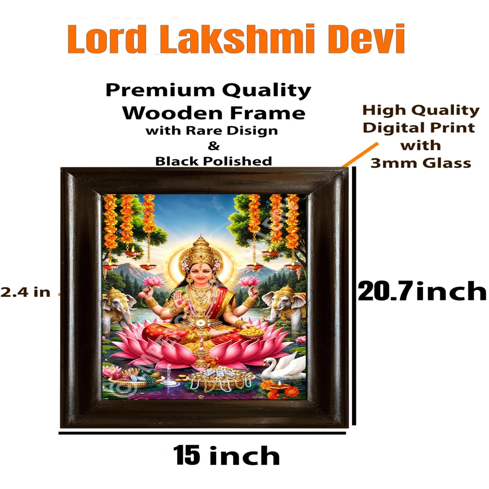 EMPEROR ART GALLERY Lord Lakshmi Devi Digital Print with Premium Wooden Frame, Black Polish, 20.7x 15 in, 3mm Glass